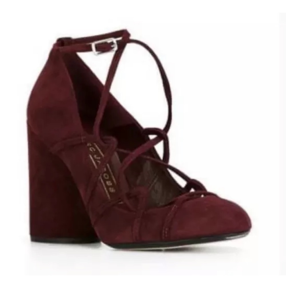 Marc Jacobs Carrie Ghillie Bordeaux Wine Suede Strappy Buckle Pump Heel 37 NEW